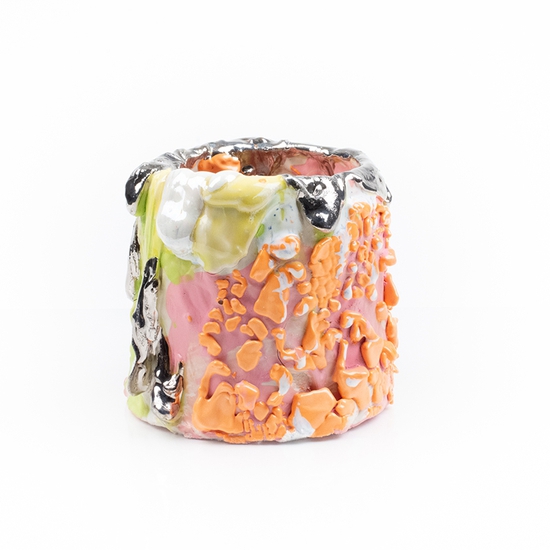 Andrew Casto: Accumulation Vessel 77, 2021, Porcelain and white gold lusters, 5.5 x 5.5 x 5.5 inches