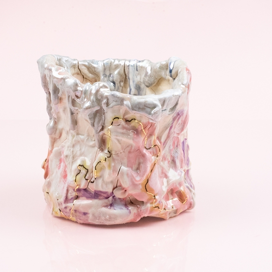 Andrew Casto: Accumulation Vessel 79, 2021, Porcelain, gold, and mother of pearl lusters, 5.5 x 6 x 6 inches