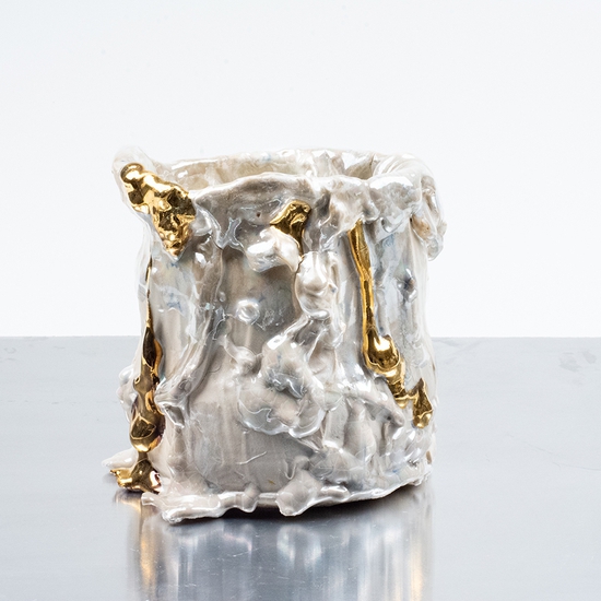 Andrew Casto: Accumulation Vessel 81, 2021, Porcelain, gold, and mother of pearl lusters, 6.5 x 6 x 6.5 inches