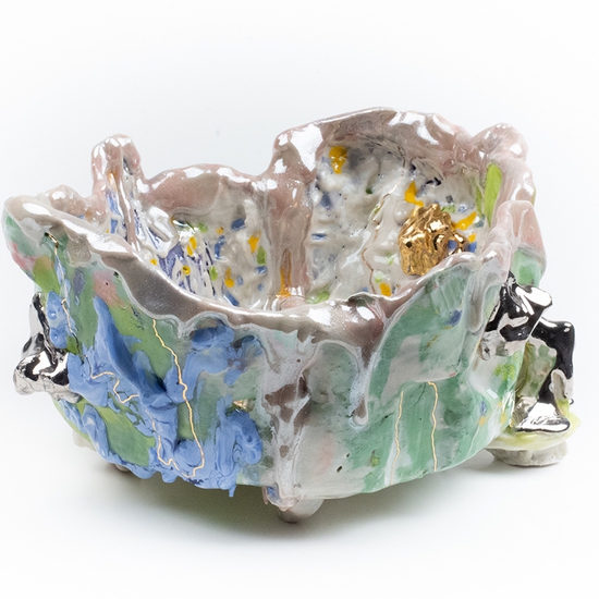 Andrew Casto: Accumulation Vessel 91, 2021, Porcelain, gold, and mother of pearl lusters, 6 x 11 x 12 inches