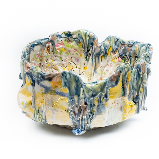 Andrew Casto: Accumulation Vessel 92, 2021, Porcelain and gold lusters, 6 x 11 x 12 inches