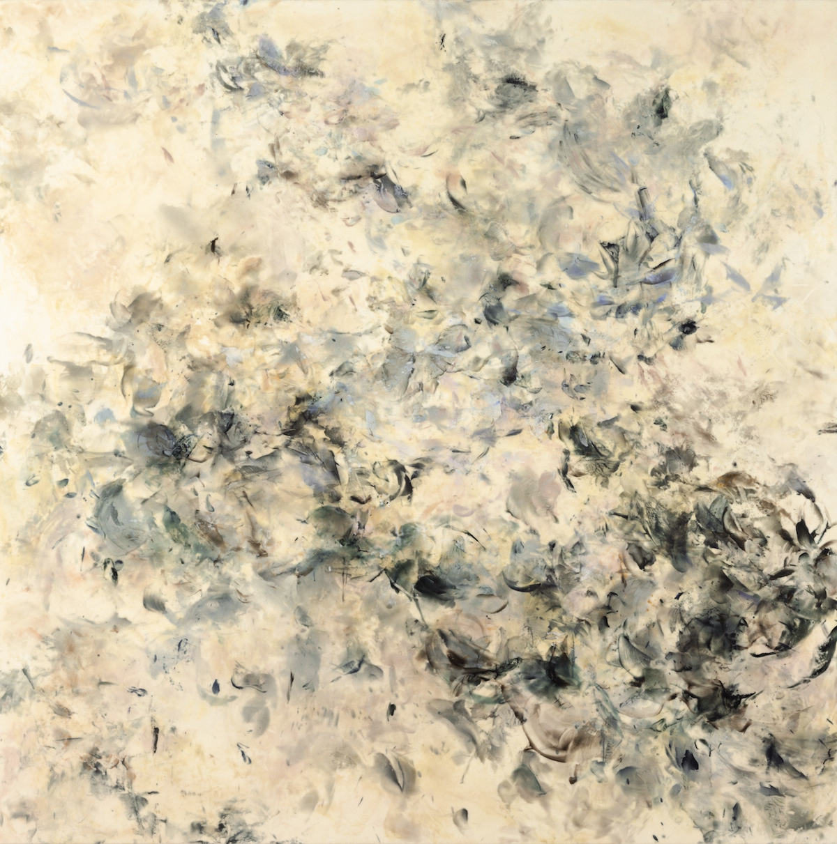 Betsy Eby: Dragon Pearl, Hot wax, cold wax, and oil on panel, 2021-2023, 66 x 66 x 2 inches