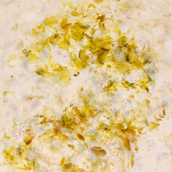 Betsy Eby: Forsythia, 2023, Hot wax, cold wax, and oil on panel, 50 x 44 x 2 inches