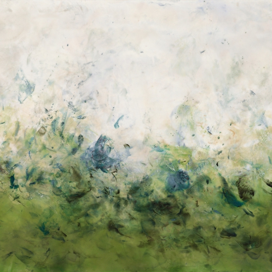 Betsy Eby: Haven, 2023, Hot wax, cold wax, and oil on panel, 30 x 42 x 2 inches
