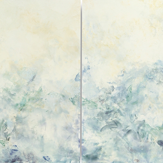 Betsy Eby: Mystic Mountain, 2020, Hot wax, cold wax, ink, and oil on panel, 48 x 120 inches