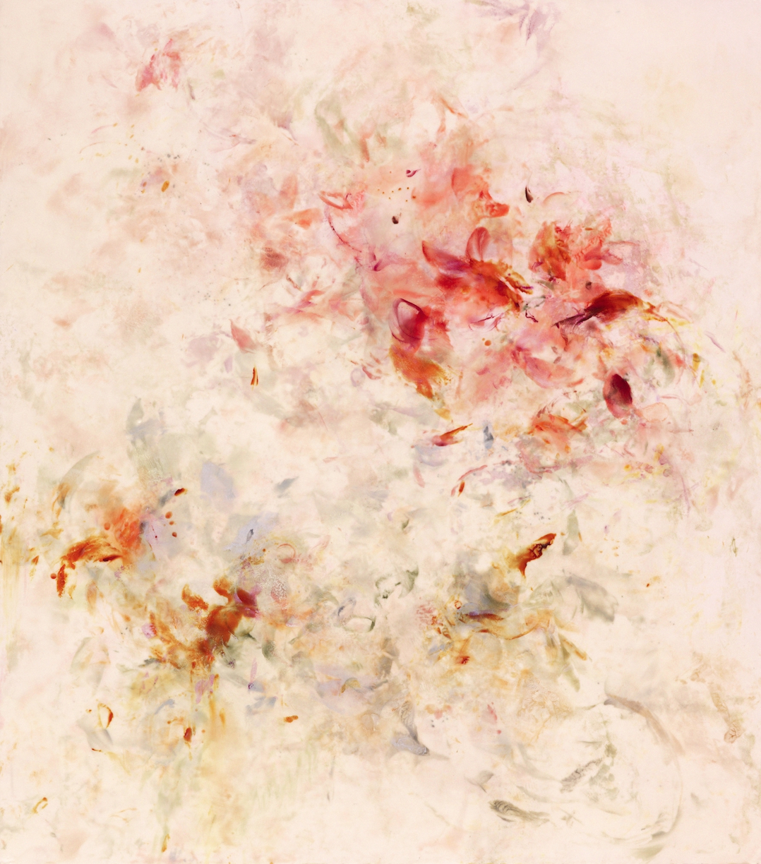 Betsy Eby: Pagoda, 2023, Hot wax, cold wax, and oil on panel, 50 x 44 x 2 inches