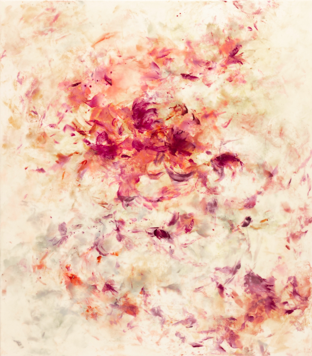 Betsy Eby: Peony, 2023, Hot wax, cold wax, and oil on panel, 50 x 44 x 2 inches