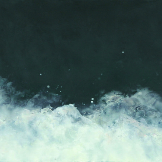 Betsy Eby: Portugal Moon, 2018, Encaustic on canvas over panel, 30 x 70 inches