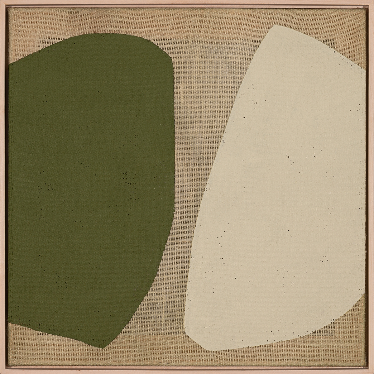 Mia Farrington, Hold Still, 2026, Acrylic and ink on burlap, 24 x 24 inches, Framed size 25 x 25 x 2 inches