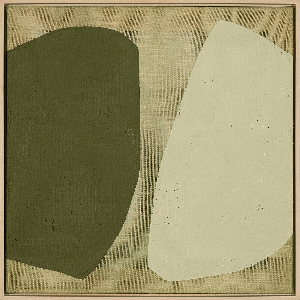 Mia Farrington, Hold Still, 2026, Acrylic and ink on burlap, 24 x 24 inches, Framed size 25 x 25 x 2.5 inches