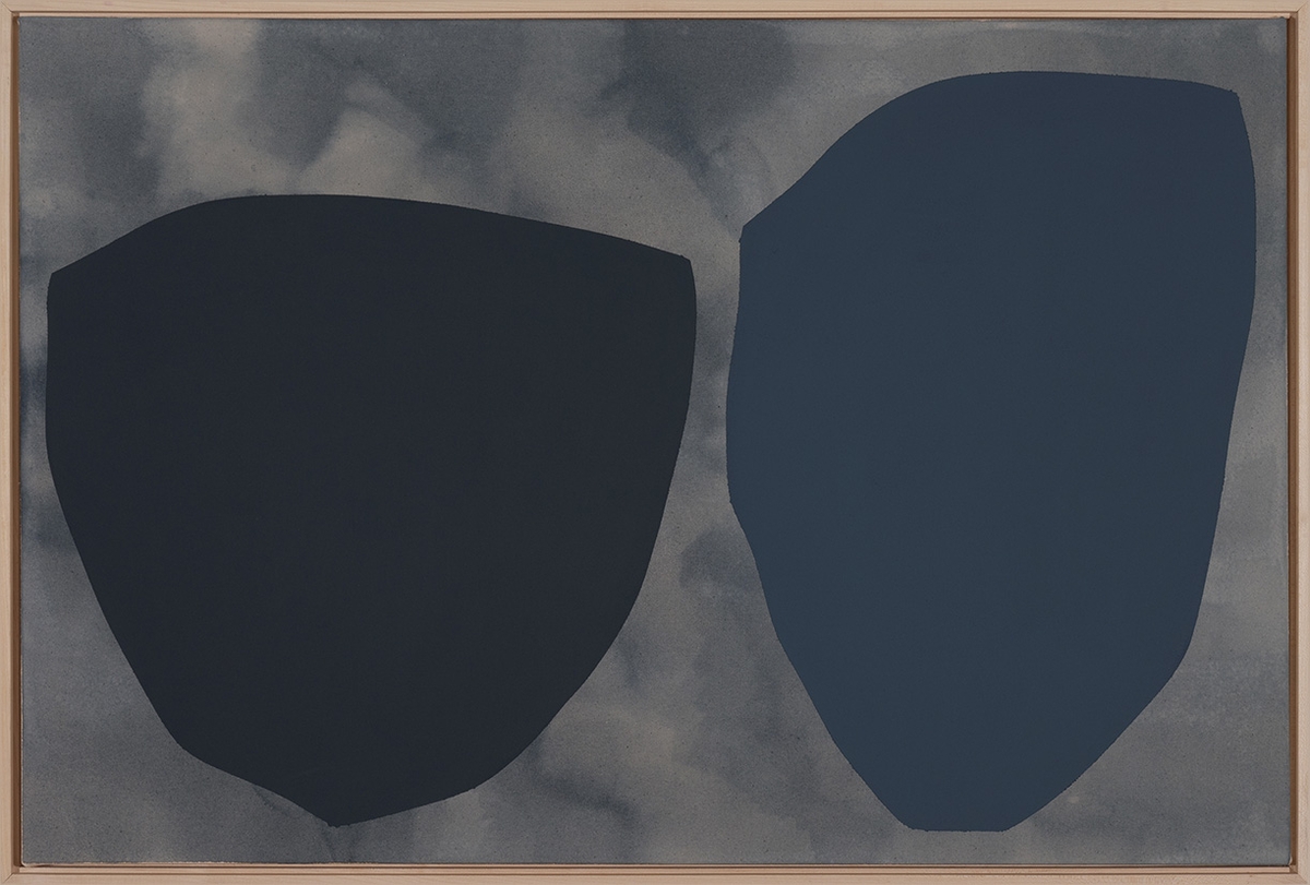 Mia Farrington, Indigo, 2026, Ink and acrylic on canvas, 24 x 36 x 2 inches, Framed size 25 x 37 x 2.5 inches