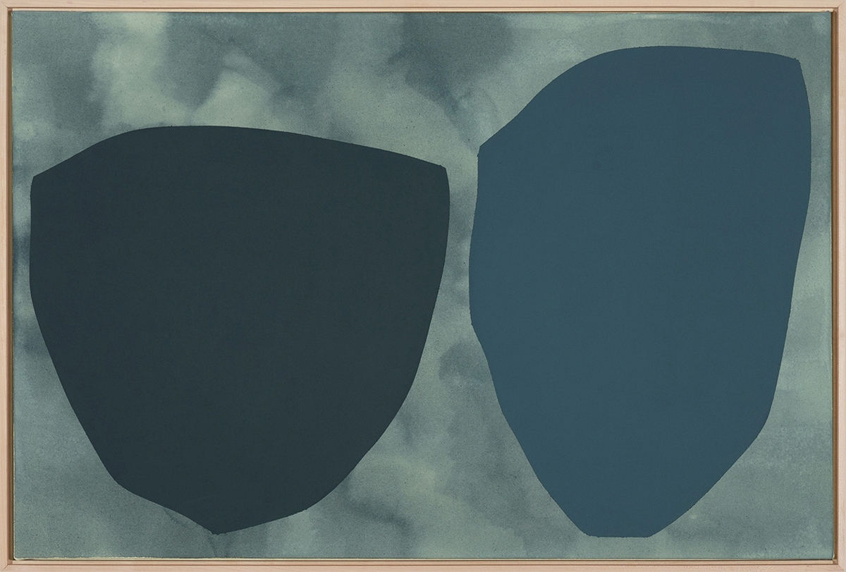 Mia Farrington, Indigo, 2026, Ink and acrylic on canvas, 24 x 36 x 1 inches, Framed size 25 x 37 x 1.5 inches