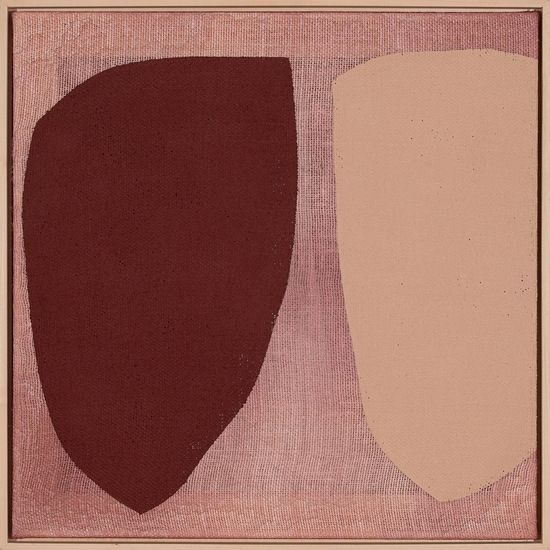 Mia Farrington, Luck (In Seven Parts), 2026, Acrylic and ink on burlap, 24 x 24 inches, Framed size 25 x 25 x 2 inches