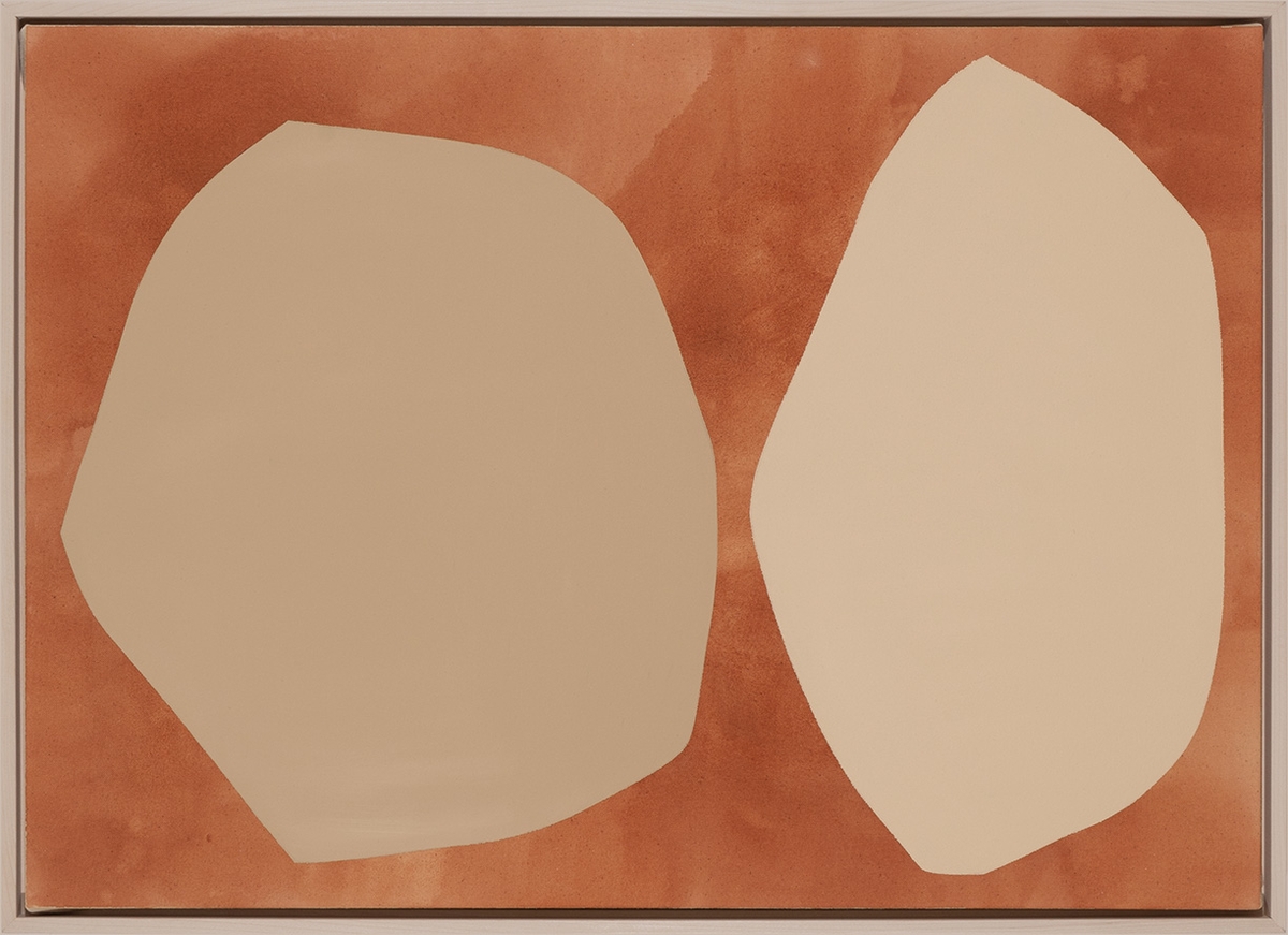 Mia Farrington, Terra Rossa, 2026, Acrylic and ink on canvas, 20 x 28 x 2 inches, Framed size 21 x 29 x 2.5 inches