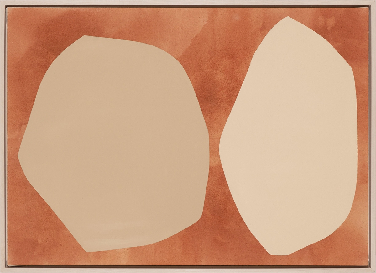 Mia Farrington, Terra Rossa, 2026, Acrylic and ink on canvas, 20 x 28 x 2 inches, Framed size 21 x 29 x 2.5 inches