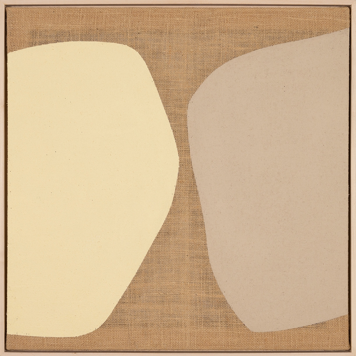 Mia Farrington, The Two Graces, 2026, Acrylic on burlap, 24 x 24 inches, Framed size 25 x 25 x 2.5 inches