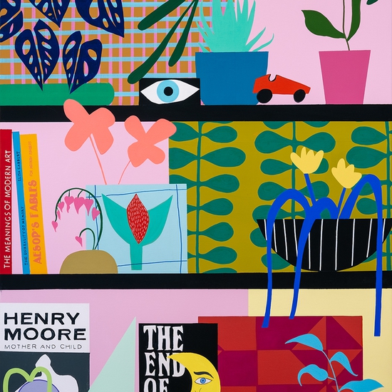 SOLD - Mary Finlayson, Bleeding Hearts with Clovers and Seeing Eye, 2024, Gouache on canvas, 30 x 24 inches, Framed size 31 x 25 x 2.5 inches