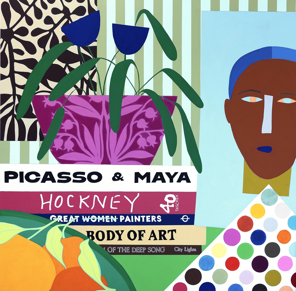 Mary Finlayson, Body of Art, Palette, and Oranges, 2025, Gouache on canvas, 60 x 60 inches, Framed size 61 x 61 x 2.5 inches