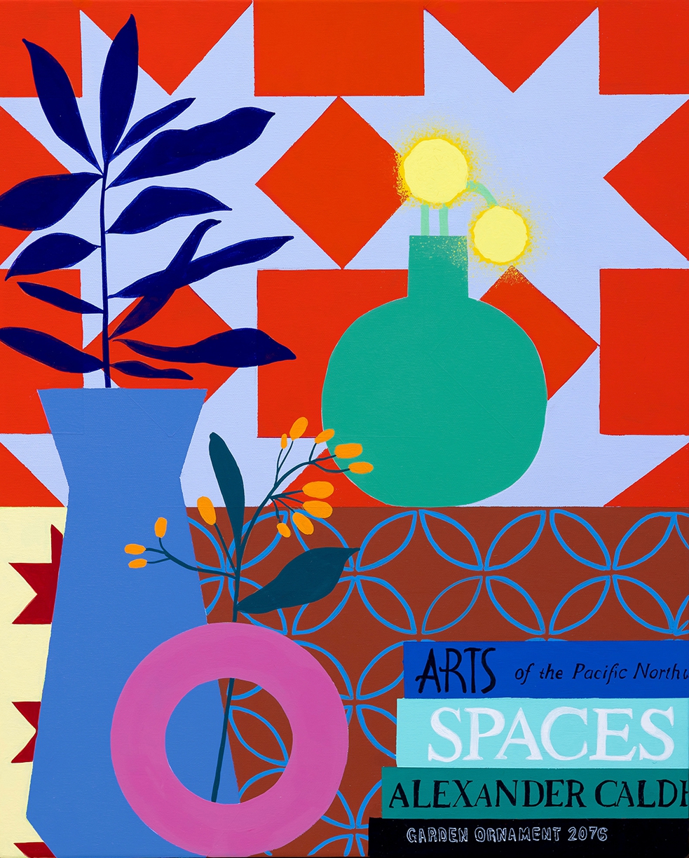 Mary Finlayson, Books with Amish Star Quilt, 2025, Gouache on canvas, 20 x 16 inches, Framed size 21 x 17 x 2.5 inches