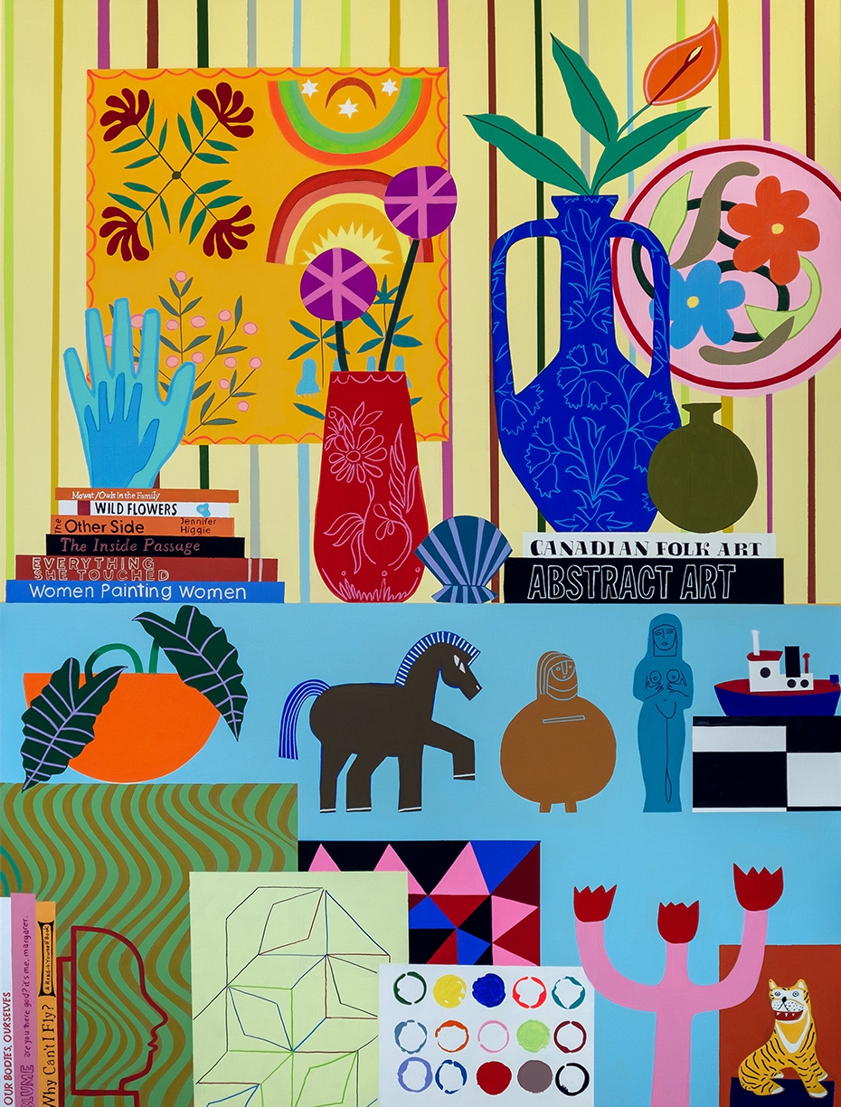 Mary Finlayson, Peace Lily with Tugboat Tiger and Bits from Home, 2024, Gouache and spray paint on canvas, 48 x 36 x 1 inches, Framed size 49 x 37 x 2.5 inches