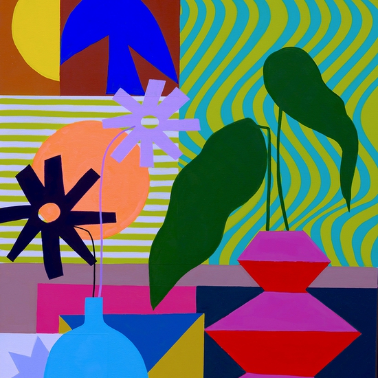 SOLD - Mary Finlayson, Striped Room with Blue Bird, 2025, Gouache on canvas, 20 x 16 inches, Framed size 21 x 17 x 2.5 inches
