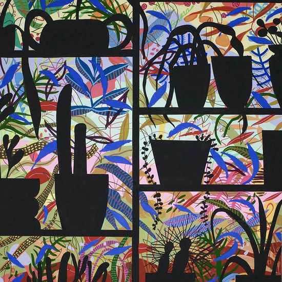 Mary Finlayson, Studio Window, 2025, gouache on canvas, 48 x 40 inches, Framed size 49 x 41 x 2.5 inches