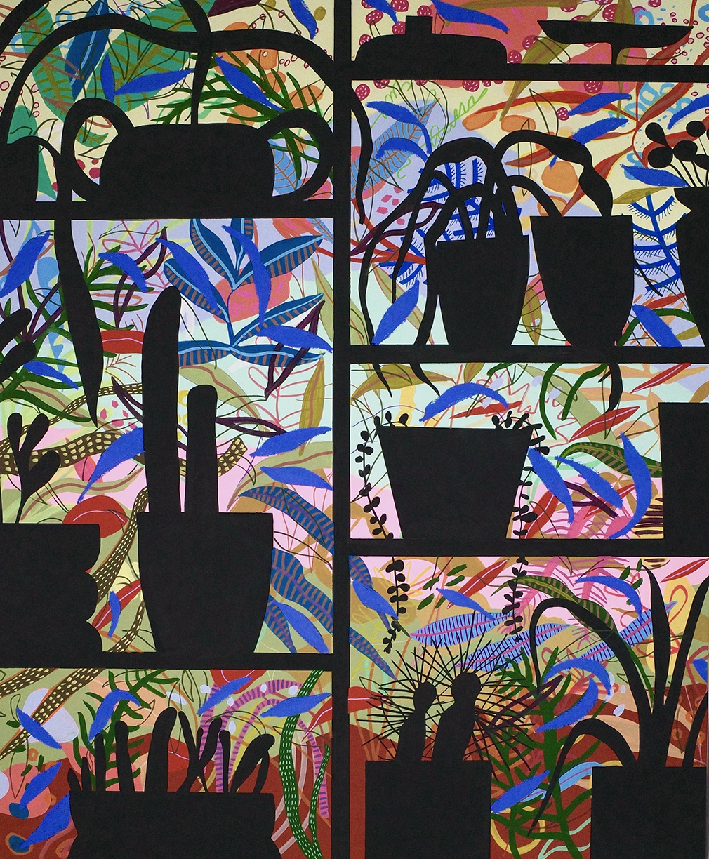 Mary Finlayson, Studio Window, 2025, gouache on canvas, 48 x 40 inches, Framed size 49 x 41 x 2.5 inches
