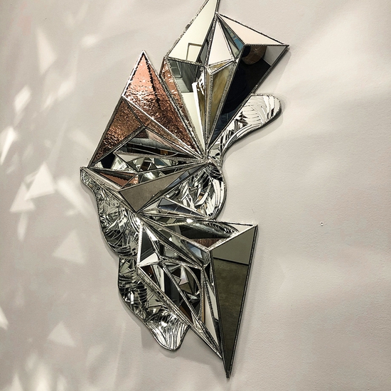 Shahla Friberg: Dueling Identities, 2020, Glass, copper foil, and lead-free solder, 38.5 x 25.5 x 4 inches