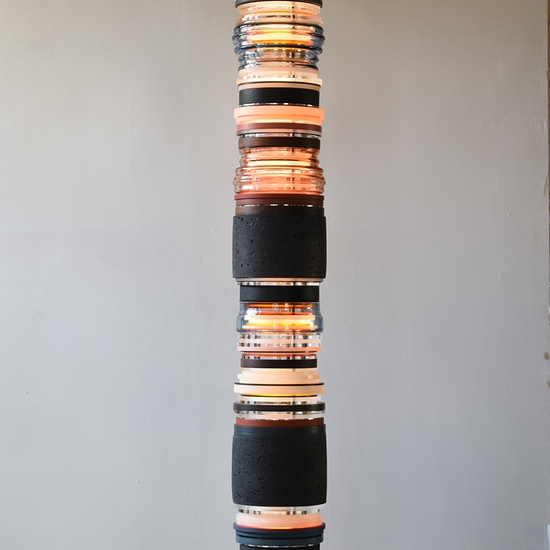 Matt Gagnon: Blue Red Glass, 2022, Concrete, blown glass, acrylic, burnt maple, MDF, blackened steel, polished aluminum, LED lights, 82.25 x 10.5 x 10.5 inches