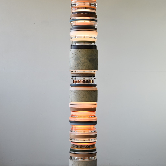 Matt Gagnon: Cherry Green, 2022, Concrete, cherry wood, painted MDF, upholstery fabric, acrylic, copper plated aluminum, steel, dyed oak, and polished aluminum, 80.5 x 10.5 x 10.5 inches