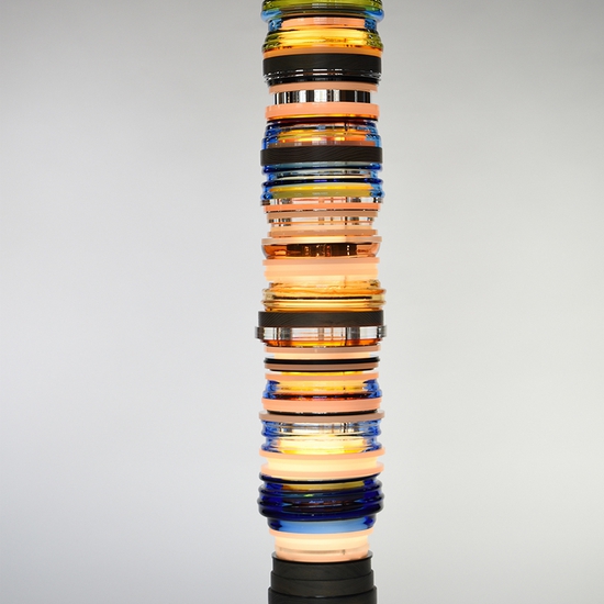 Matt Gagnon: Blue Orange Glass, 2021, Hand Blown Glass, Acrylic, Dyed Ash, Dyed MDF, Aluminum, LED, 56.5 x 10.5 x 10.5 inches