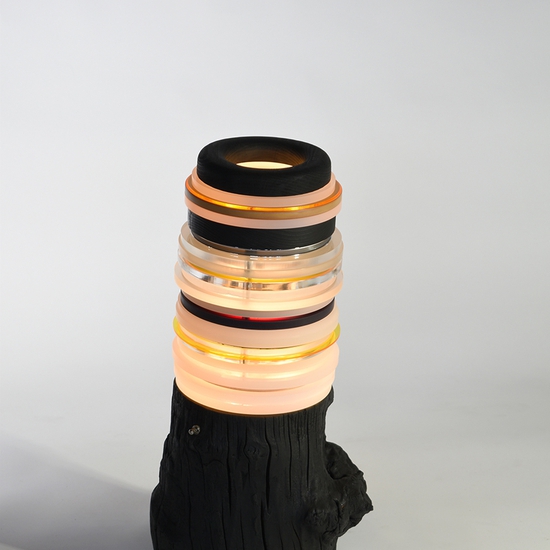 Matt Gagnon: Mulberry Short Burnt, 2021, Mulberry stump, acrylic, aluminum, dyed MDF, ash, LED, 24.5 x 12 x 9 inches