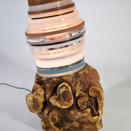 Matt Gagnon: Mulberry Short, 2021, Mulberry stump, acrylic, aluminum, dyed MDF, ash, LED, 26.5 x 16 x 15 inches
