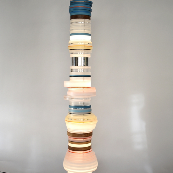 Matt Gagnon: Offset Blue, 2020, Polished aluminum, acrylic, painted MDF and LED, 74 x 14 x 14 inches