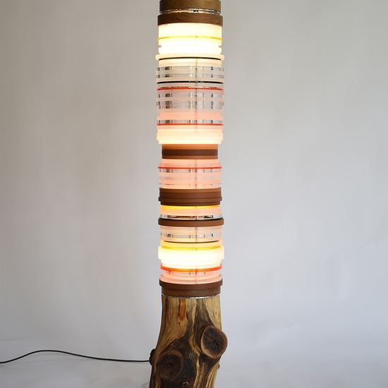 Matt Gagnon: Orange Sycamore, 2020, Sycamore branch, dyed oak, aluminum, acrylic, painted MDF and LED, 47 x 10 x 10 inches