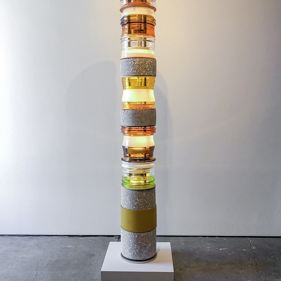 Matt Gagnon: Yellow Glass (outdoor), 2021, Stainless steel, Hand Blown Glass, Concrete, LED, 77 x 10.5 x 10.5 inches