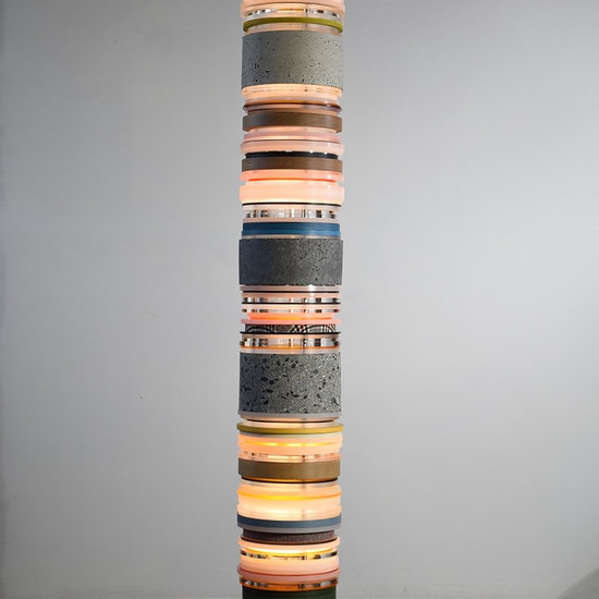 Matt Gagnon: Patchwork, 2022, Concrete, painted MDF, upholstery fabric, acrylic, copper plated aluminum, steel, oak, and polished aluminum, 77 x 10.5 x 10.5 inches