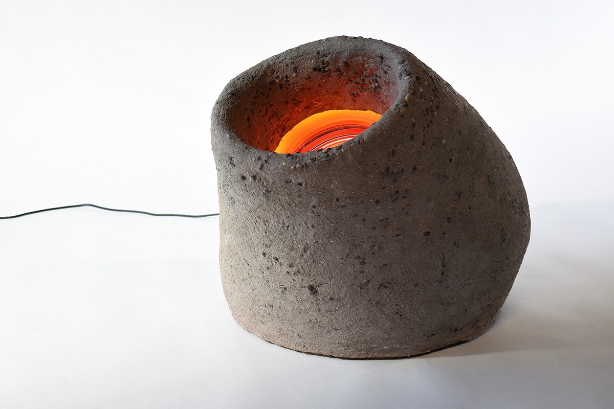 Matt Gagnon: Pink Volcano, 2023, Mortar mix, stones, acrylic, glass, steel, wood armature, and LED, 24 x 30 x 30 inches