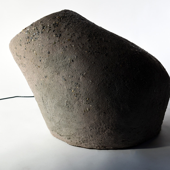 Matt Gagnon: Pink Volcano, 2023, Mortar mix, stones, acrylic, glass, steel, wood armature, and LED, 24 x 30 x 30 inches