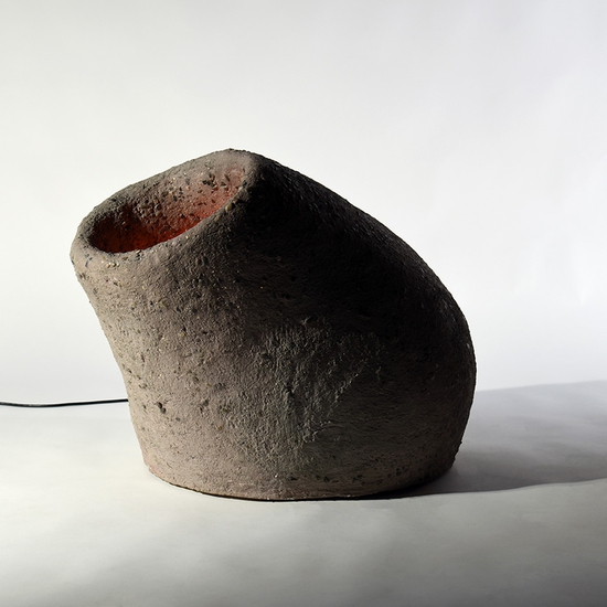 Matt Gagnon: Pink Volcano, 2023, Mortar mix, stones, acrylic, glass, steel, wood armature, and LED, 24 x 30 x 30 inches