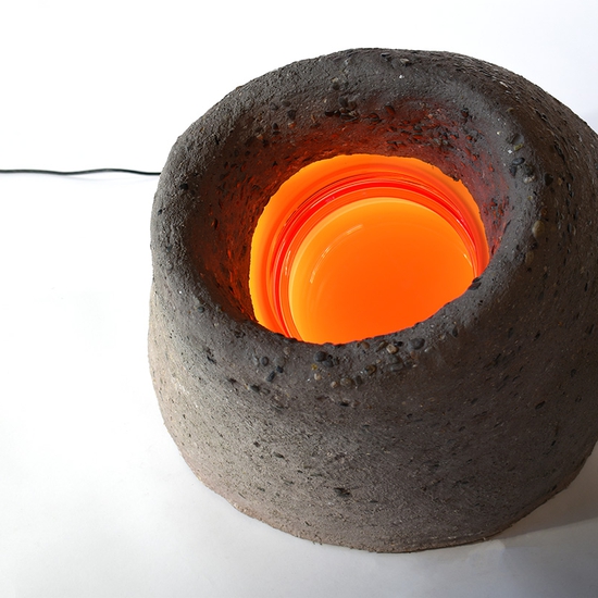 Matt Gagnon: Pink Volcano, 2023, Mortar mix, stones, acrylic, glass, steel, wood armature, and LED, 24 x 30 x 30 inches
