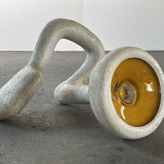 Matt Gagnon, Projecting, 2025, Waxed plaster over metal mesh, blown glass, 15 x 21 x 21 inches