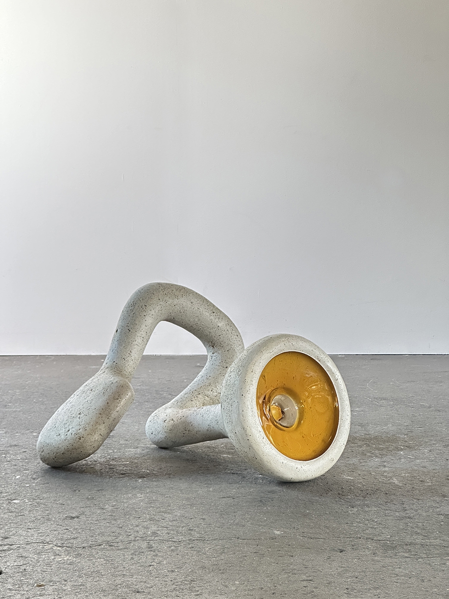 Matt Gagnon, Projecting, 2025, Waxed plaster over metal mesh, blown glass, 15 x 21 x 21 inches