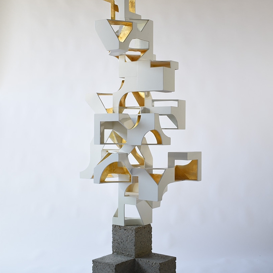Matt Gagnon: Spatial Figment - White Gold, 2023, Painted MDF, concrete, gold leaf, and steel, 72 x 18 x 24 inches
