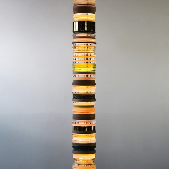 Matt Gagnon: Starting Poplar, 2023, Poplar wood, glass, acrylic, steel, LED, painted MDF, brass, aluminum, 112 x 10.5 x 10.5 inches
