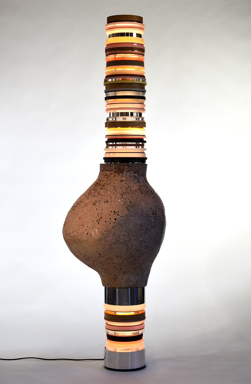 Matt Gagnon: Tomorrow, 2023, Concrete, oak, bronze, acrylic, aluminum, steel, painted MDF, and LED, 82 x 24 x 24 inches