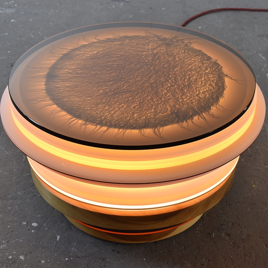 Matt Gagnon, Weight of Light 1, 2025, Acrylic, MDF, Glass top, Poplar wood, LEDs, 15 x 26 x 26 inches