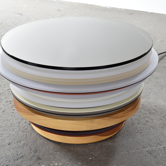 Matt Gagnon, Weight of Light 1, 2025, Acrylic, MDF, Glass top, Poplar wood, LEDs, 15 x 26 x 26 inches
