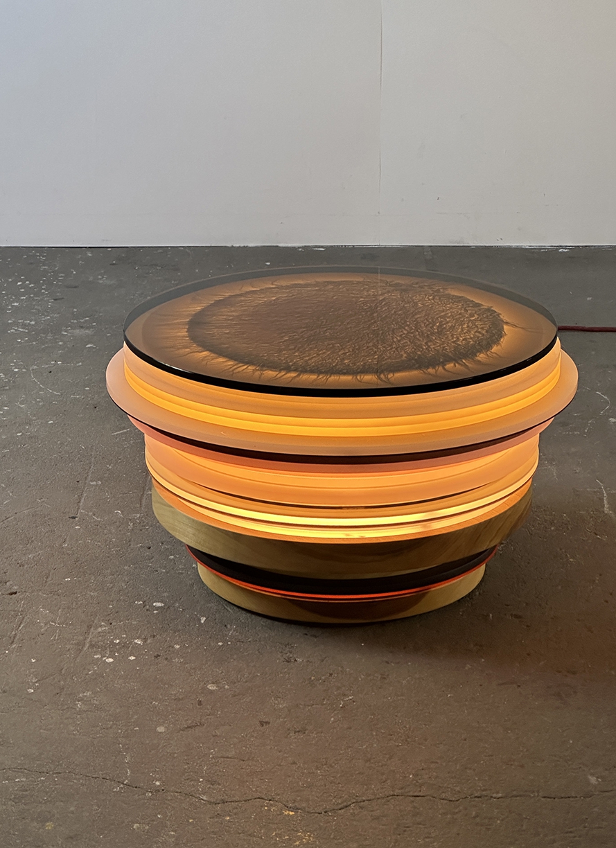 Matt Gagnon, Weight of Light 1, 2025, Acrylic, MDF, Glass top, Poplar wood, LEDs, 15 x 26 x 26 inches