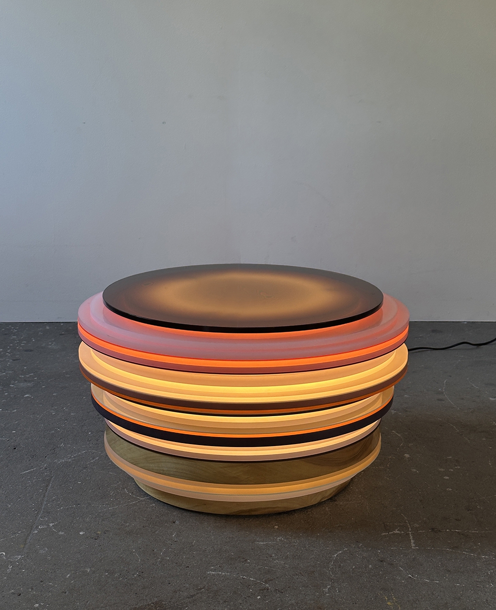 Matt Gagnon, Weight of Light 2, 2025, Acrylic, MDF, glass top, poplar wood, LEDs, 16 x 28 x 28 inches